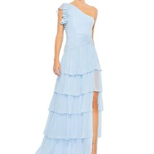 Mac Duggal One Shoulder Ruched Waist Sleeveless Tired Gown